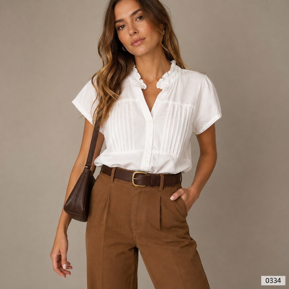 Carve Designs White Ruffle Pintuck Cotton Short Sleeve Button Up Top 10 0334